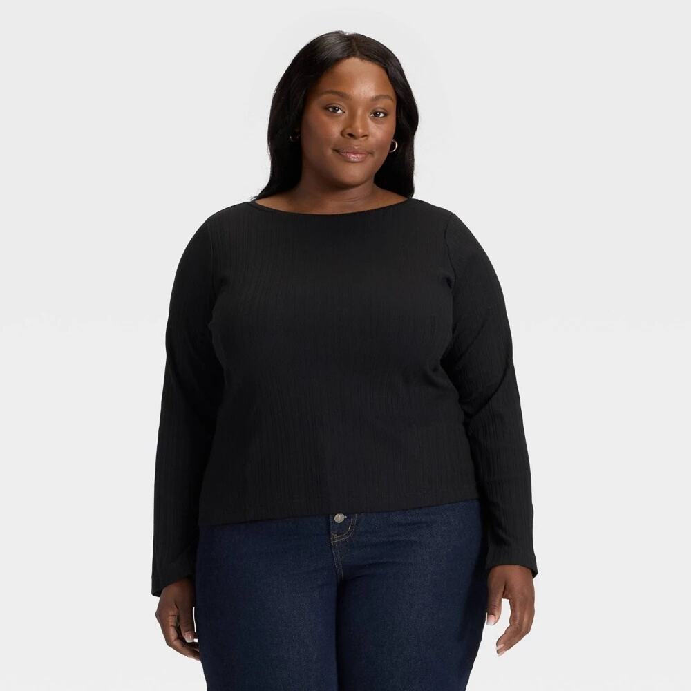 Ava & Viv Women's 17 Black Ribbed Knit Long Sleeve Top Scoop Neck NWT Juniors